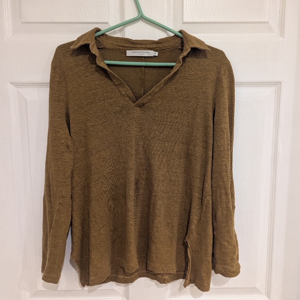 Simons 100% Linen Long Sleeve Johnny Collar Top